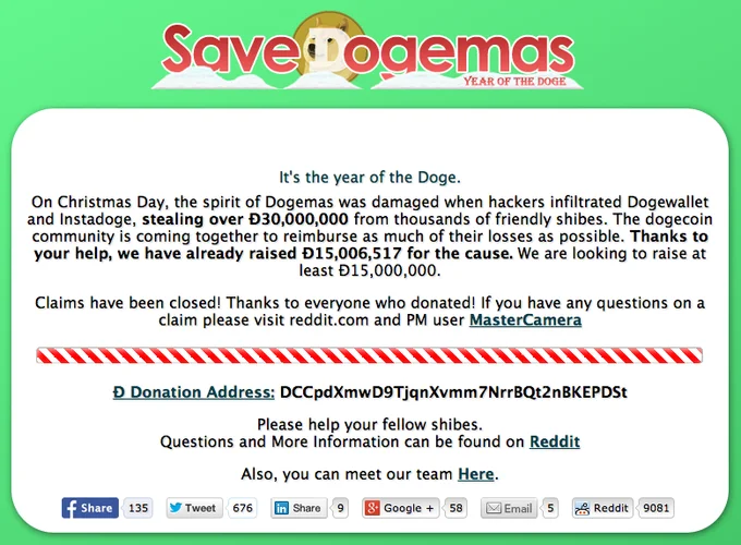Dogecoin — The SaveDogemas website showing community fundraising to reimburse Dogewallet and Instadoge hack victims.