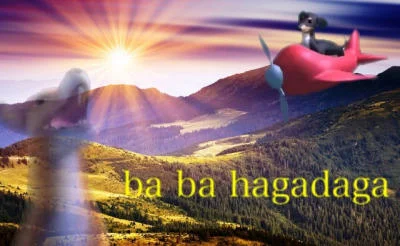 Dogs of Wisdom — Animated dog on rocket with landscape and 'ba ba hagadaga' text overlay
