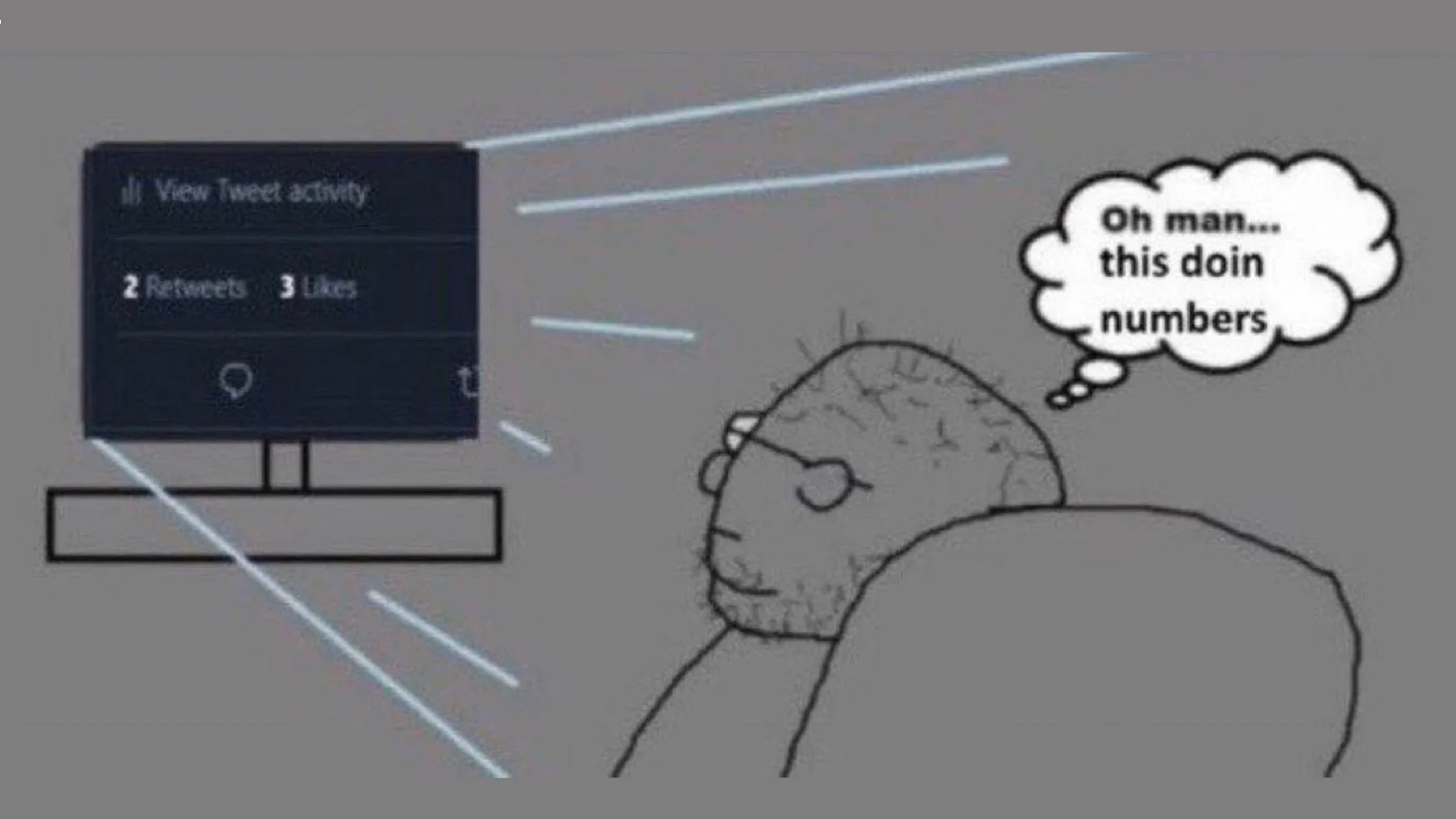Doing Numbers — Cartoon man staring at monitor showing 2 retweets and 3 likes with thought bubble saying 'Oh man... this doin numbers'