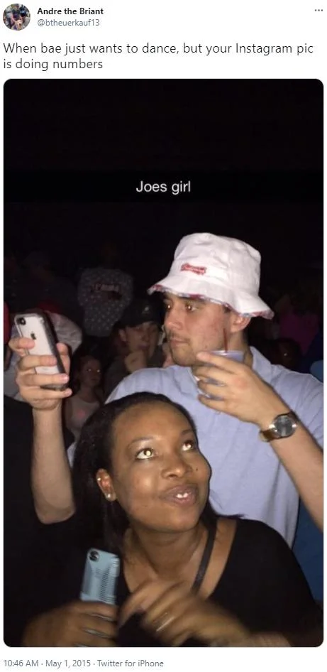 Tweet captioned 'When bae just wants to dance, but your Instagram pic is doing numbers' above the viral 'Joes girl' photo
