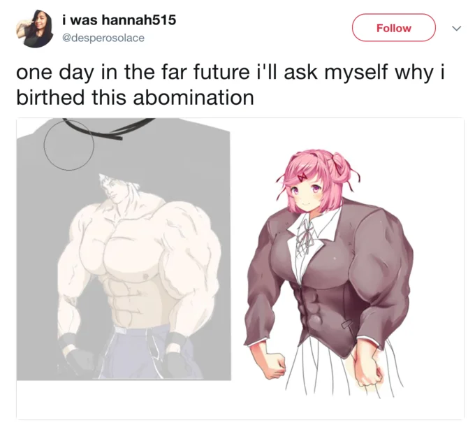 Doki Doki Literature Club — Tweet showing the origin of the Buff Natsuki artwork with a reference sketch side by side.