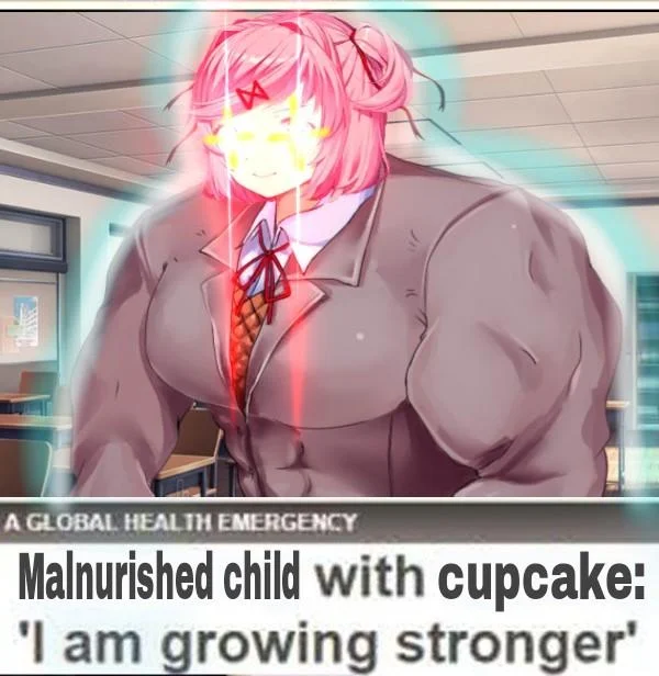Doki Doki Literature Club — Buff Natsuki meme with a fake news headline about a malnourished child growing stronger.