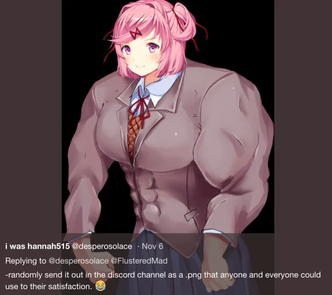 Doki Doki Literature Club — Tweet reply describing how the Buff Natsuki image was shared as a Discord PNG.