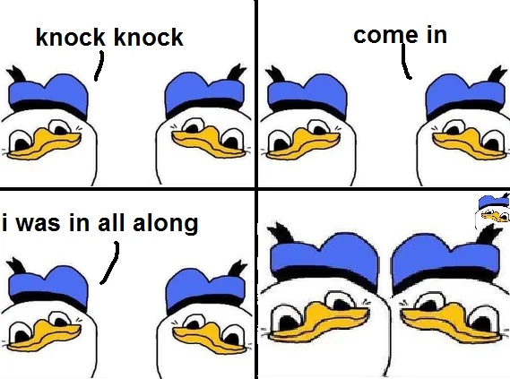 Dolan — Crudely drawn Donald Duck face with blue cap, beady eyes and yellow beak on white background