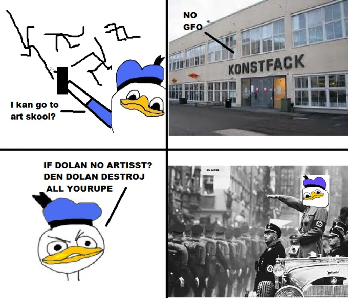 Four-panel crude comic of Dolan and Fethry duck in a sauna discussing who paid for it