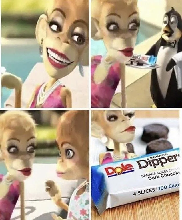 Dole Dippers — Four-panel collage from the Dole Banana Dippers commercial showing the woman and penguin