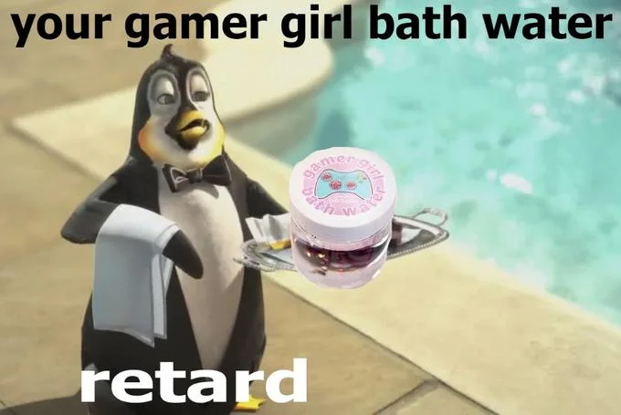 Dole Dippers — Penguin waiter meme holding a jar of gamer girl bath water with text 'Your gamer girl bath water retard'