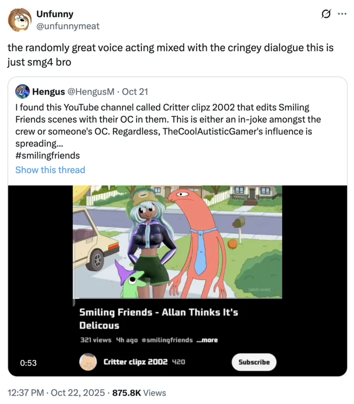 Dolly Dimpley / Smiling Friends — X post discussing Dolly Dimpley edits in Smiling Friends fan videos