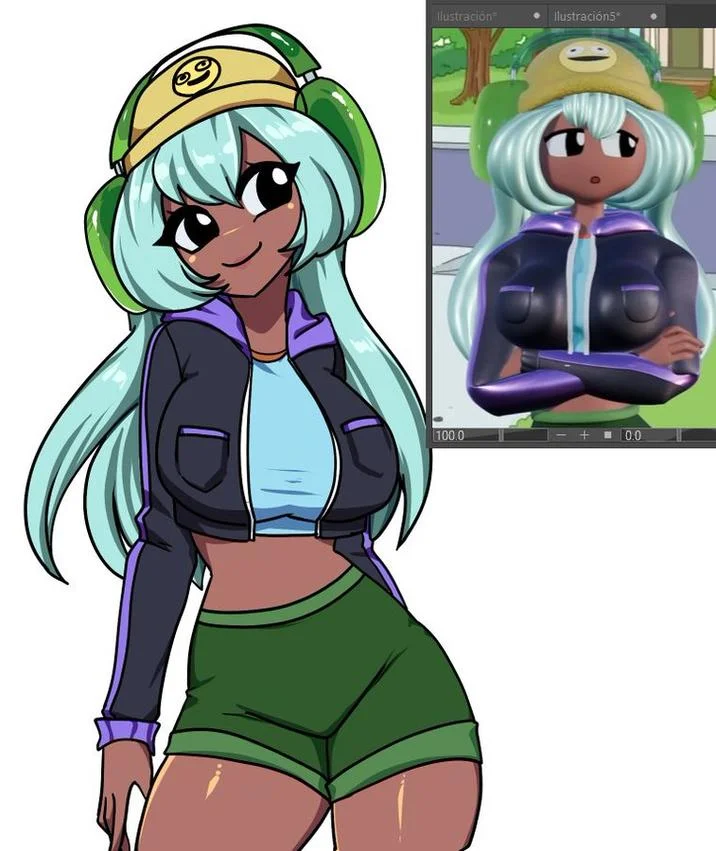 Dolly Dimpley / Smiling Friends — Anime-style fanart of Dolly Dimpley with an inset reference screenshot