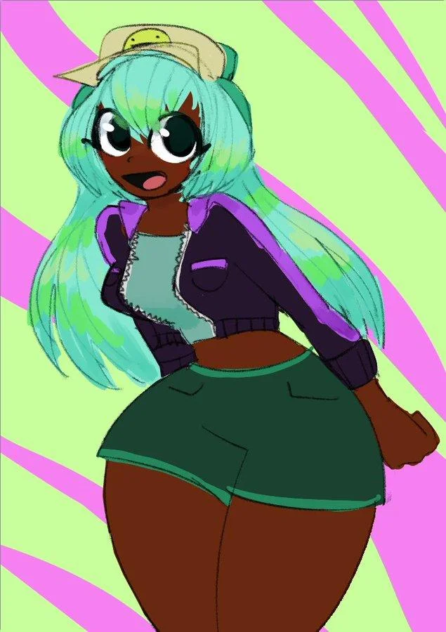 Dolly Dimpley / Smiling Friends — Fanart drawing of Dolly Dimpley posing in front of a green and pink swirl background