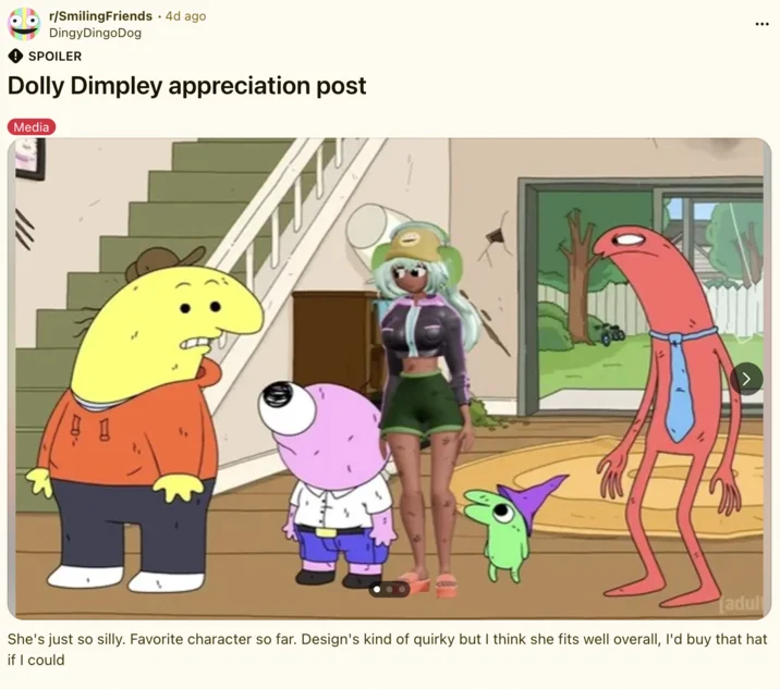Dolly Dimpley / Smiling Friends — Reddit appreciation post showing Dolly Dimpley alongside main Smiling Friends characters