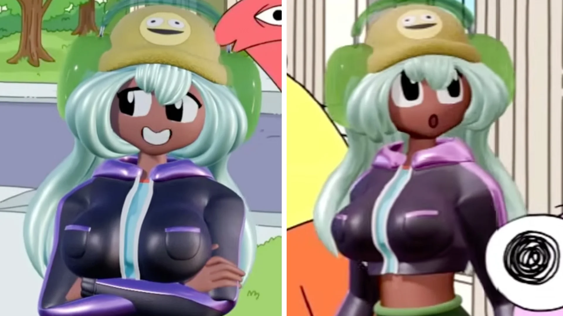 Dolly Dimpley / Smiling Friends — Two screenshots of Dolly Dimpley from Smiling Friends showing her smiling and speaking