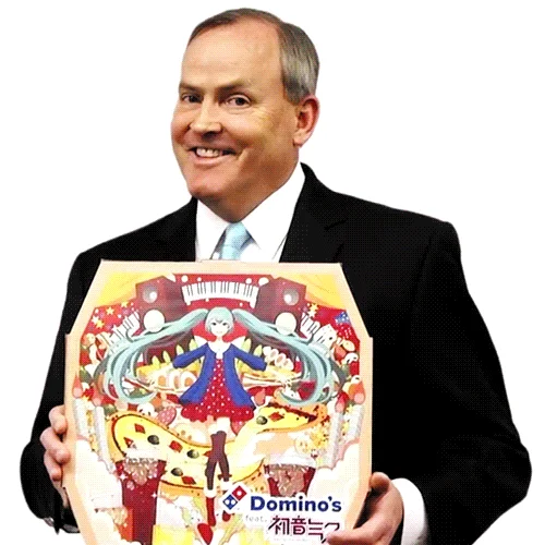 Dominos App Featuring Hatsune Miku — Fan art of Domino's Japan CEO smiling beside chibi Hatsune Miku on a pizza