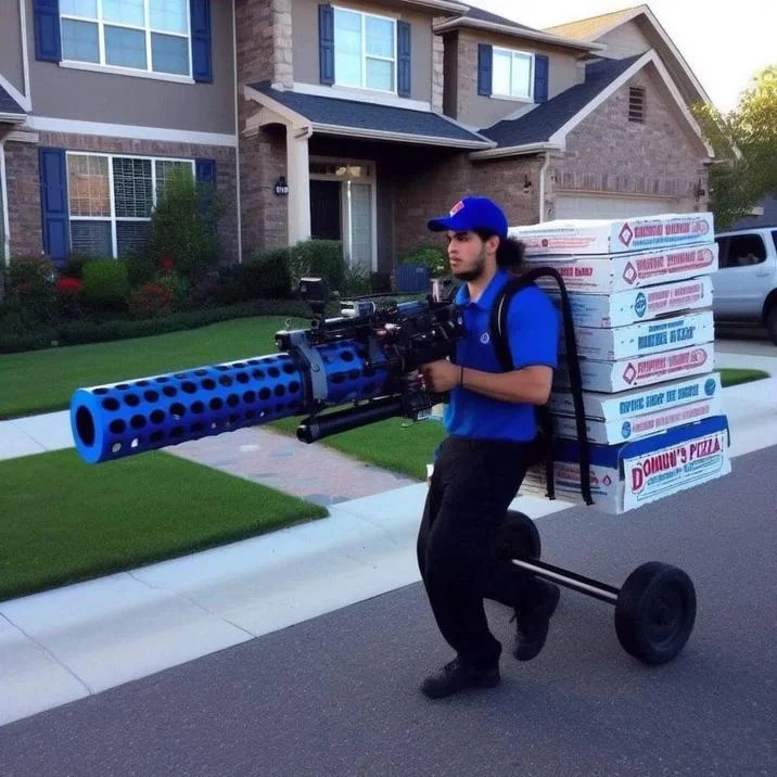 Dominos Pizza Ai Images — AI image of a Domino's delivery driver wielding a huge gun while delivering pizza.