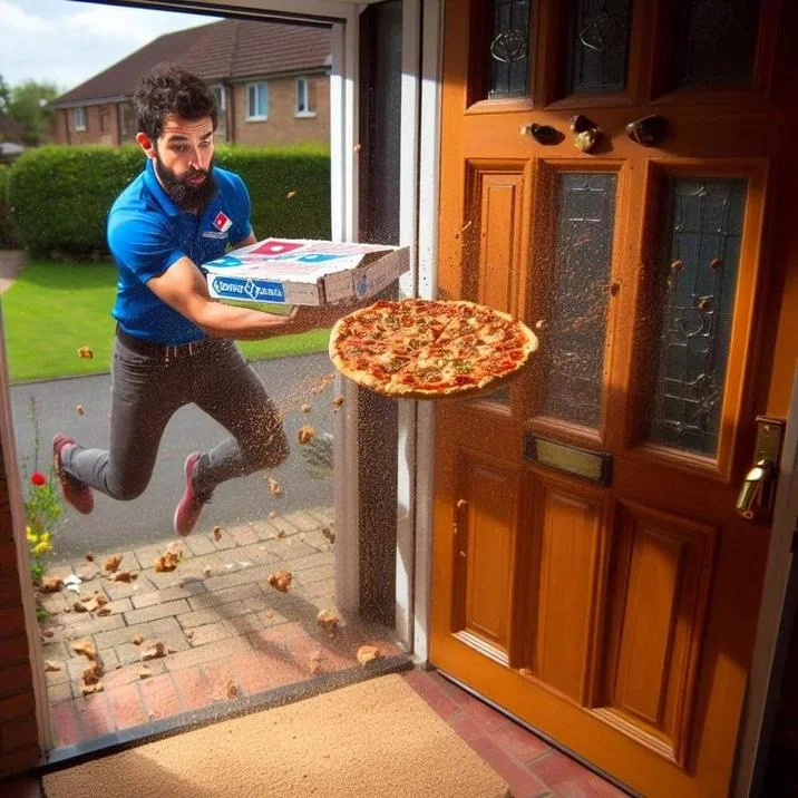 Dominos Pizza Ai Images — AI image of a Domino's driver leaping through a doorway as pizza flies from the box.