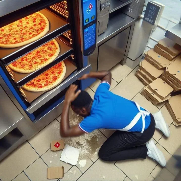 Dominos Pizza Ai Images — AI image of a Domino's worker cleaning spilled ingredients on the kitchen floor.