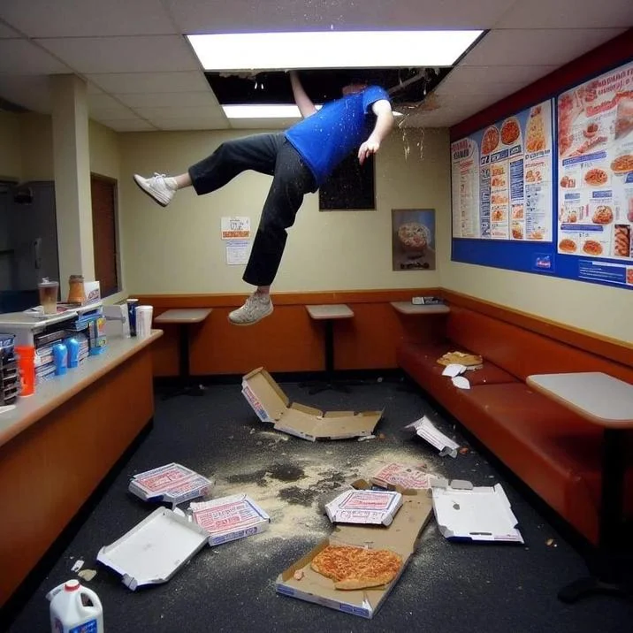 Dominos Pizza Ai Images — AI image of a Domino's worker falling through the ceiling into the dining area.