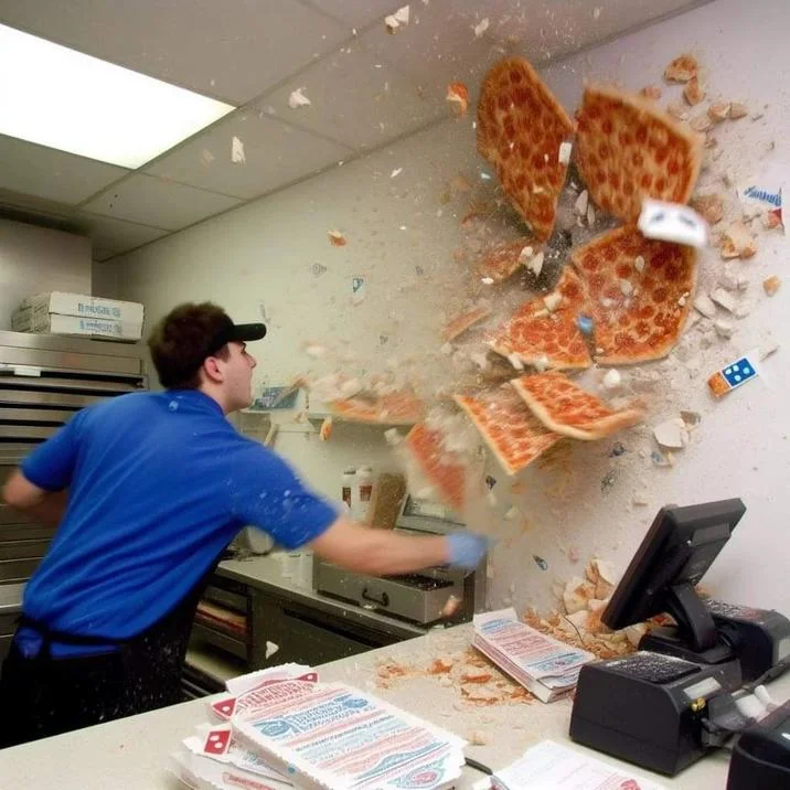 Dominos Pizza Ai Images — AI image of a Domino's employee throwing pizzas that shatter against the kitchen wall.