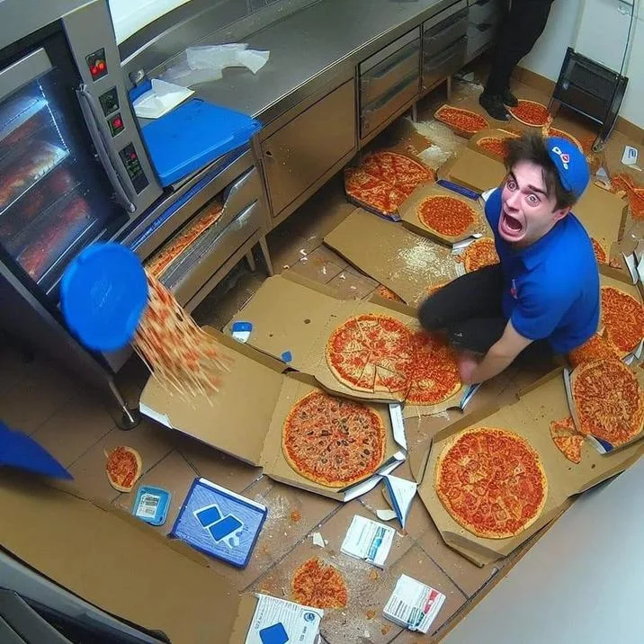 Dominos Pizza Ai Images — AI image of a panicked Domino's employee surrounded by fallen pizzas on the floor.