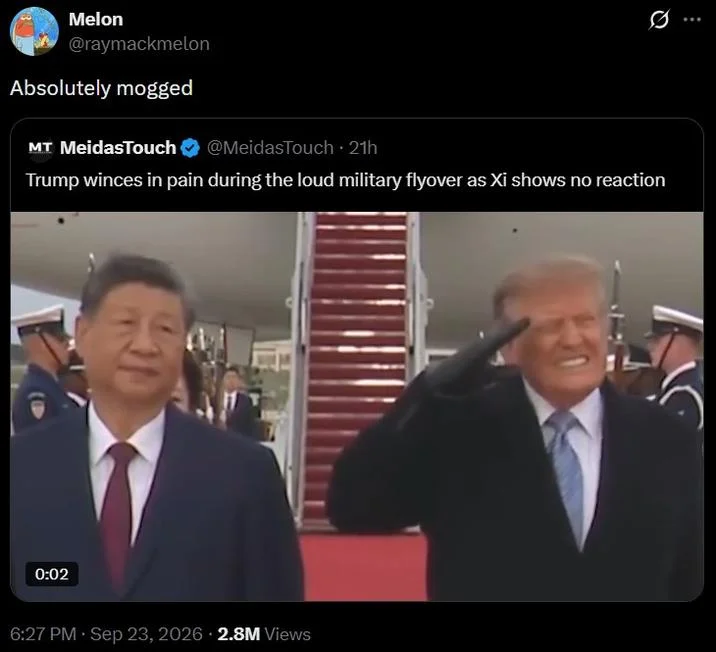 Donald Trump Flinches Beside Xi Jinping — Tweet screenshot with reply Absolutely mogged over Trump wincing beside Xi