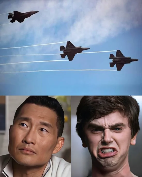 Donald Trump Flinches Beside Xi Jinping — Military jets flyover with contrasting Daniel Dae Kim calm and Freddie Highmore grimacing reaction faces
