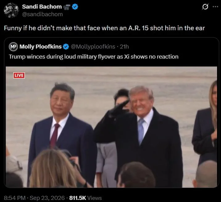 Donald Trump Flinches Beside Xi Jinping — Tweet screenshot joking about Trump wincing at flyover referencing his AR-15 ear injury