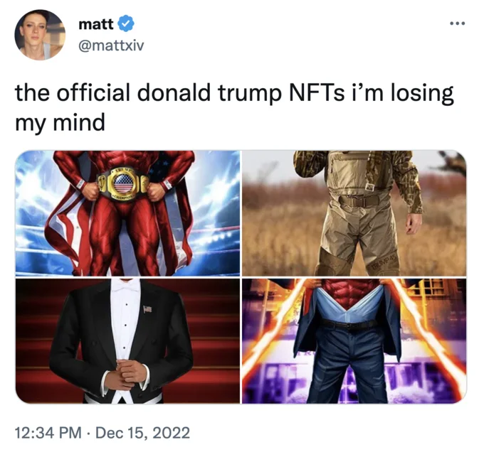 Donald Trump Nfts — Four Trump NFT cards cropped to hide his face, showing bodies in a superhero suit, camo, tuxedo, and superhero costume.