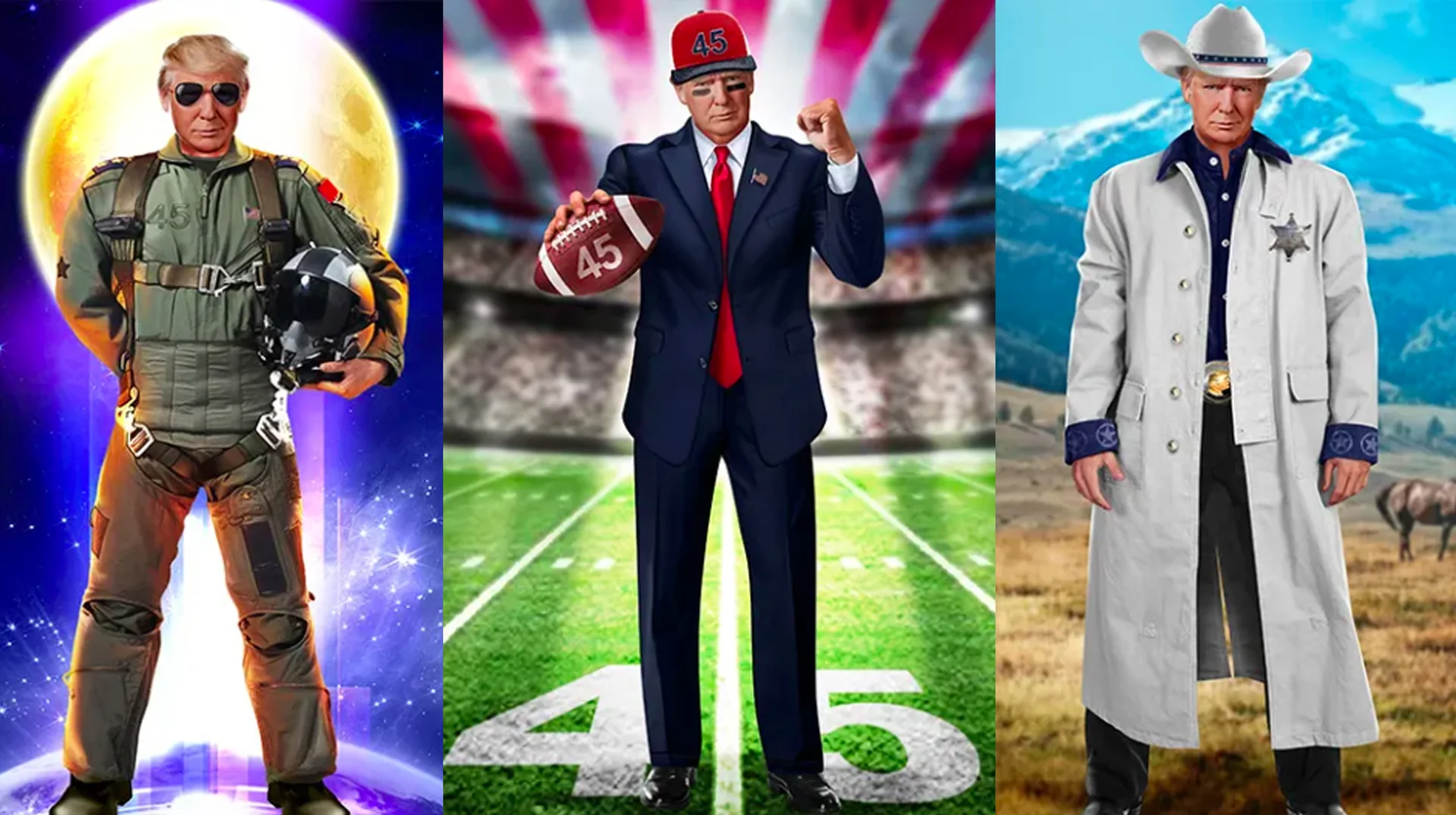 Donald Trump Nfts — Three Donald Trump NFT trading card artworks showing him as a fighter pilot, football player, and cowboy sheriff.