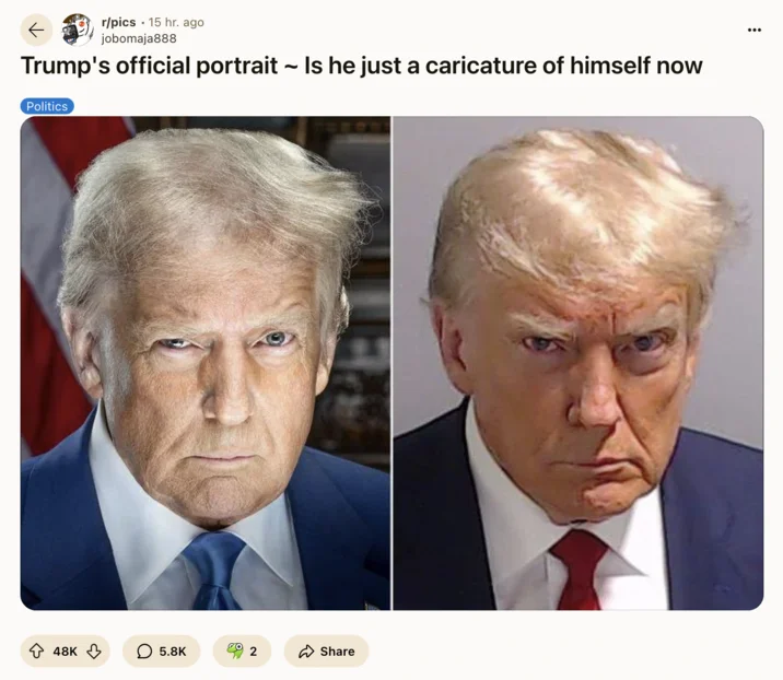Donald Trump Presidential Portraits — Reddit post comparing Trump's 2025 portrait to his mugshot