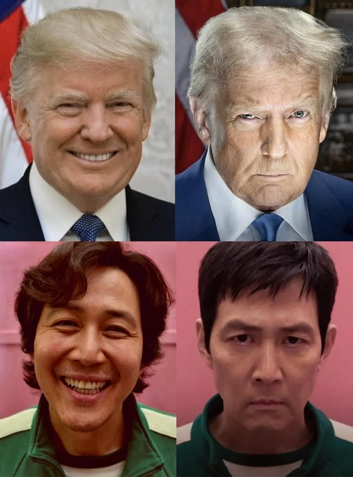 Donald Trump Presidential Portraits — Meme comparing Trump portraits to Squid Game character transformation