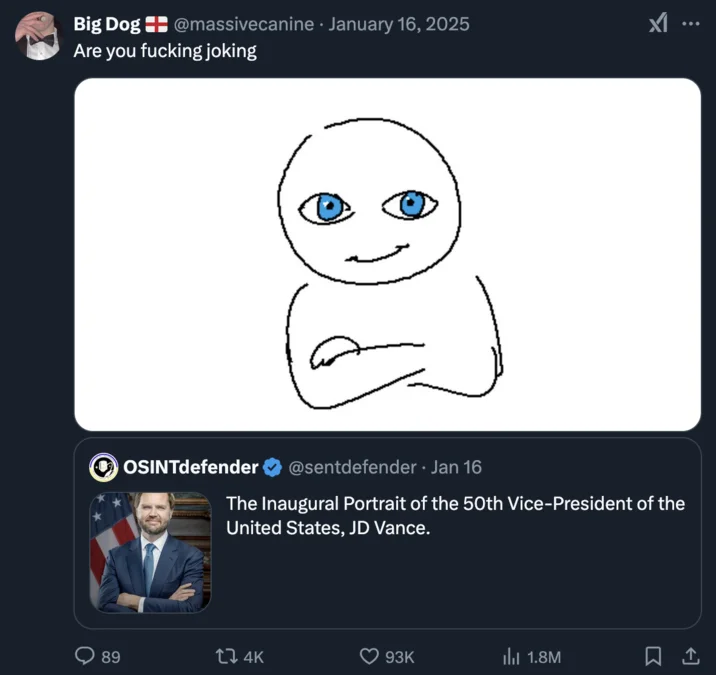 Donald Trump Presidential Portraits — Tweet reacting to JD Vance's VP portrait with a crude wojak drawing