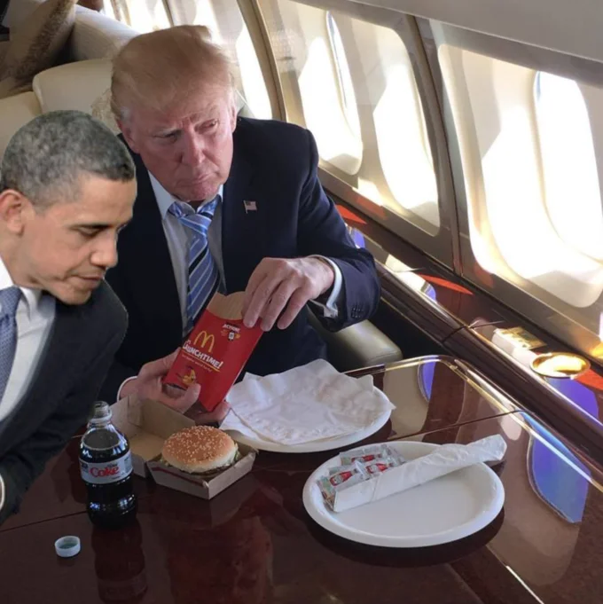Donald Trump's McDonald's Meal — Photoshopped image of Barack Obama sitting next to Donald Trump eating McDonald's