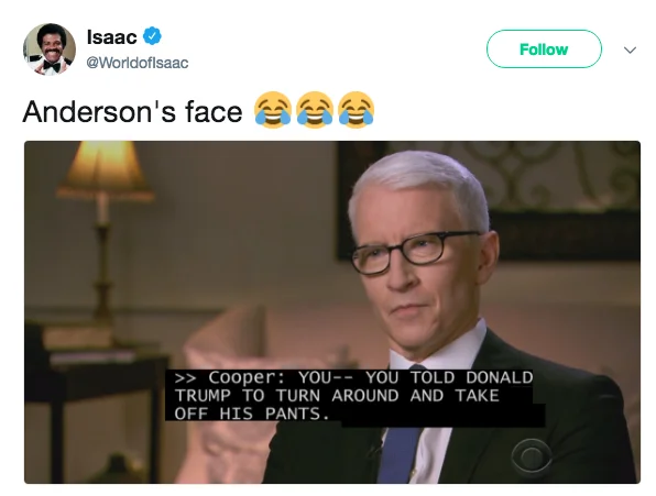 Donald Trump Stormy Daniels Affairs Allegations — Tweet with screenshot of Anderson Cooper's deadpan face during Stormy Daniels 60 Minutes interview