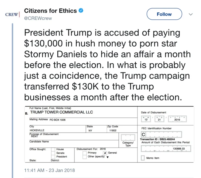 Donald Trump Stormy Daniels Affairs Allegations — Tweet from Citizens for Ethics about $130,000 hush money payment to Stormy Daniels and matching campaign