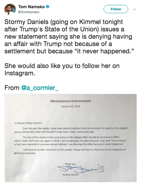 Donald Trump Stormy Daniels Affairs Allegations — Tweet by Tom Namako with Stormy Daniels' official statement denying affair with Trump