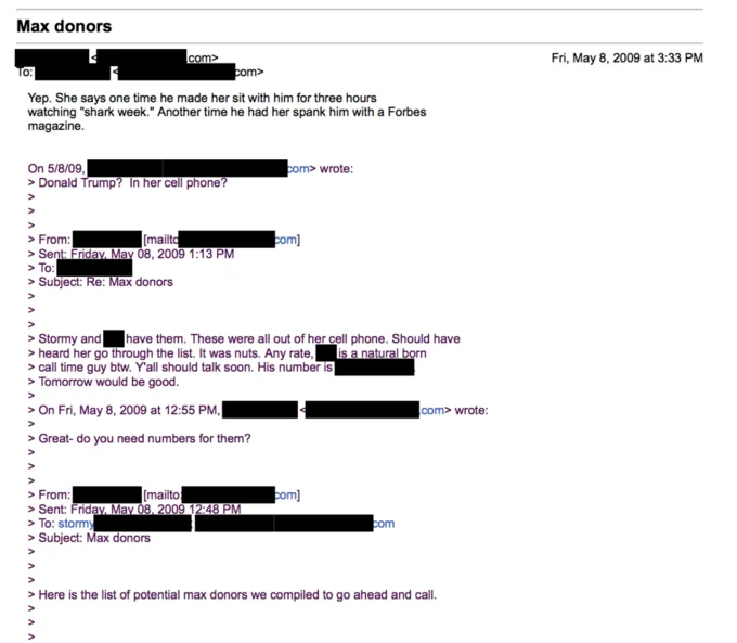 Donald Trump Stormy Daniels Affairs Allegations — Redacted email screenshot mentioning Donald Trump, Stormy Daniels, Shark Week and Forbes magazine
