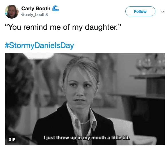 Donald Trump Stormy Daniels Affairs Allegations — Tweet using StormyDanielsDay hashtag with Arrested Development 'threw up in my mouth' reaction GIF
