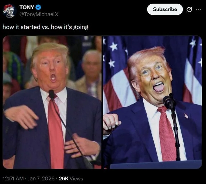 Donald Trump Trans Weightlifter Impression Ahegao Face — Twitter meme comparing 'how it started' versus 'how it's going' with Trump's weightlifter impression
