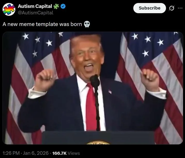 Donald Trump Trans Weightlifter Impression Ahegao Face — Twitter post from Autism Capital showing Trump at a podium with American flags making an exaggerated