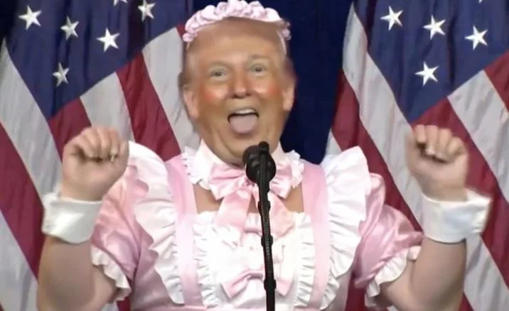 Donald Trump Trans Weightlifter Impression Ahegao Face — Edited version of Trump's weightlifter impression styled with pink ruffled dress, headband, and