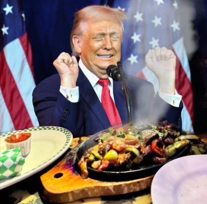 Donald Trump Trans Weightlifter Impression Ahegao Face — Edited image combining taco plating in foreground with Trump making the weightlifter impression in