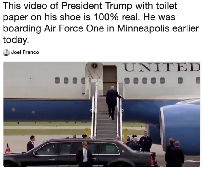 Donald Trump With Toilet Paper On Foot — Joel Franco tweet confirming Trump toilet paper video is real