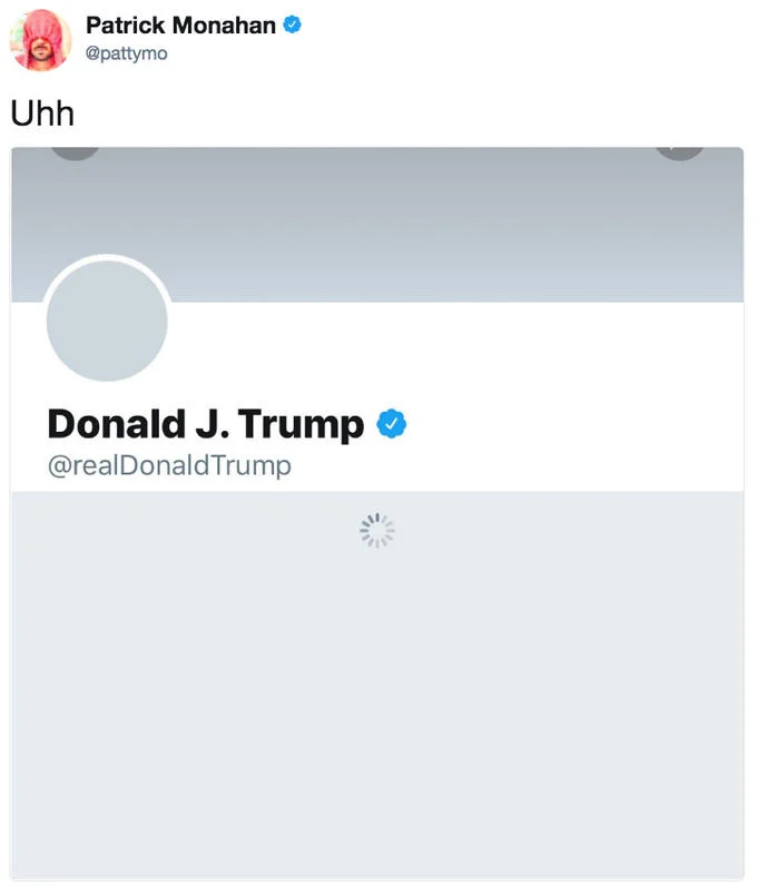 Donald Trump — Tweet showing Trump's Twitter profile failing to load