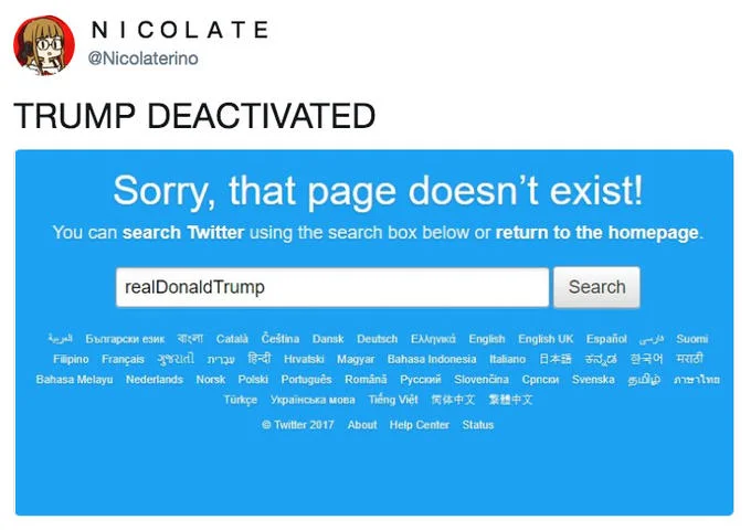 Donald Trump — Screenshot of Trump's deactivated Twitter page with error message
