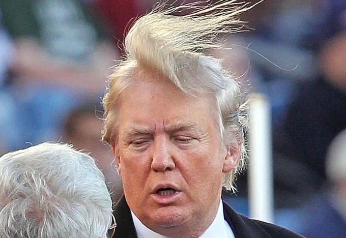 Donald Trumps Hair — Close-up of Donald Trump with his comb-over blown vertically upward by the wind