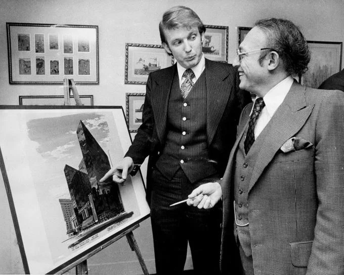 Donald Trumps Hair — Young Donald Trump pointing at a building rendering next to another man