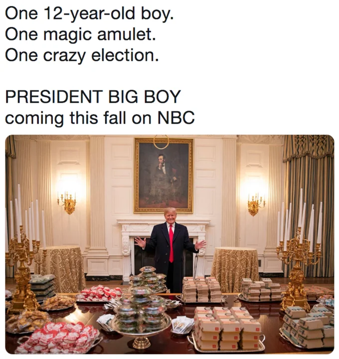 Donald Trumps Hamberder Dinner — Meme mocking the hamberder dinner as a fake NBC show titled President Big Boy