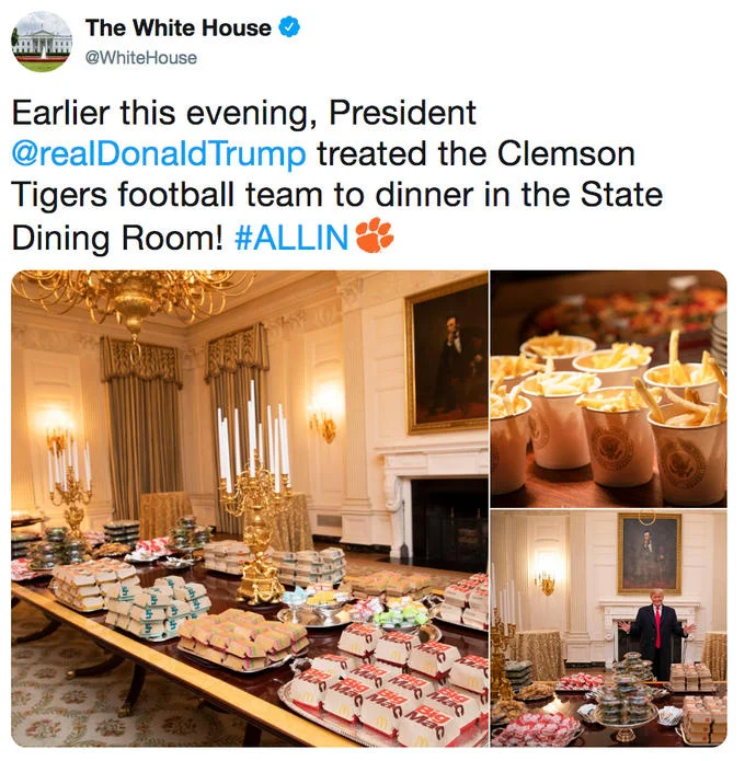 Donald Trumps Hamberder Dinner — White House tweet showing collage of fast-food dinner for the Clemson Tigers
