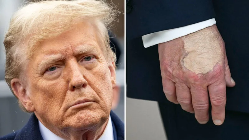 Donald Trumps Hand Makeup And Death Speculation — Two-panel composite showing Trump's concerned facial expression paired with hand photo displaying makeup