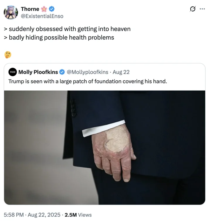 Donald Trumps Hand Makeup And Death Speculation — Twitter reply using existential greentext humor contrasting mortality obsession with health problem